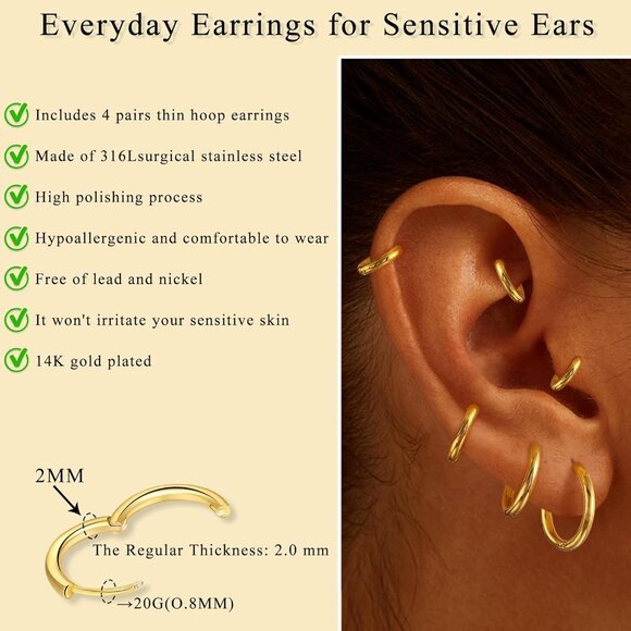 6 Pairs Gold Huggie Hoop Earrings Set - 14K Plated, Hypoallergenic & Lightweight - Picture 5 of 7